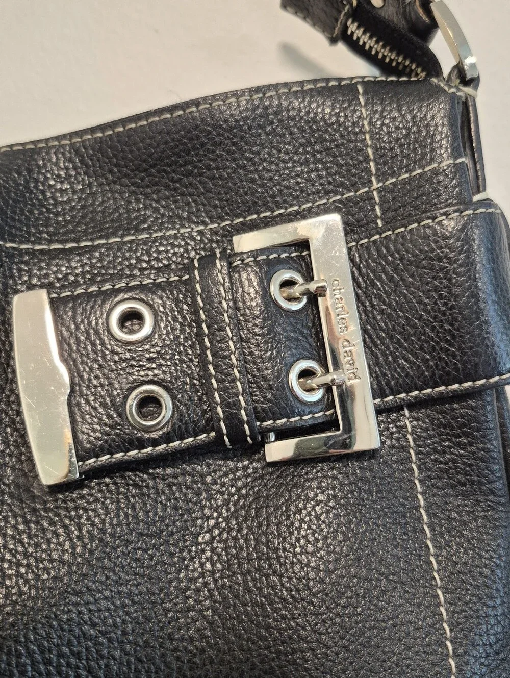Vtg Charles David Genuine Leather Black Shoulder Bag Handbag Purse Y2K Hobo